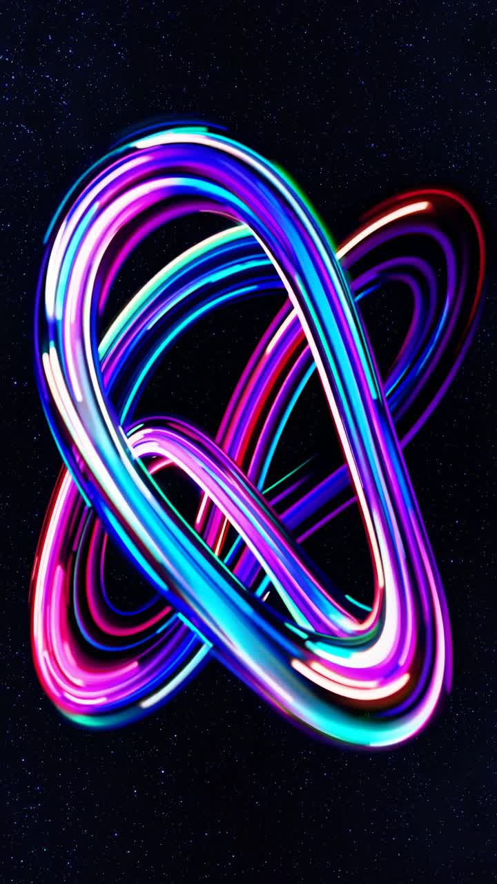 A mesmerizing video still of neon light trails forming an abstract knot against a starry backdrop