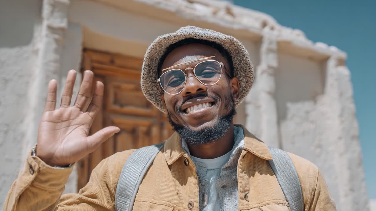 A cheerful individual waves hello, showcasing a joyful expression in a sunny outdoor setting, dressed in a stylish hat and casual attire with a warm smile