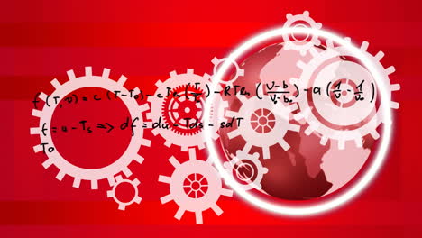 animación de un engranaje blanco sobre fórmulas científicas en fondo rojo
