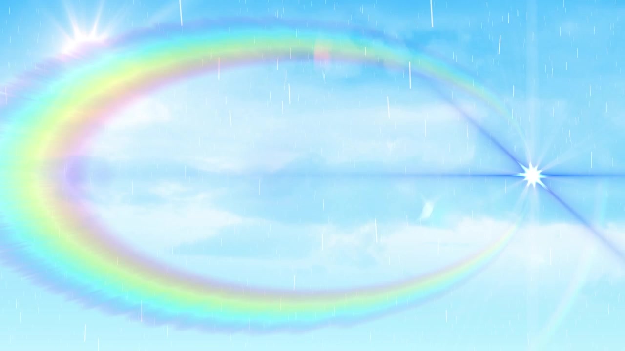 雲が浮かぶ空の上に、雨と光の軌跡が描かれるアニメーション。