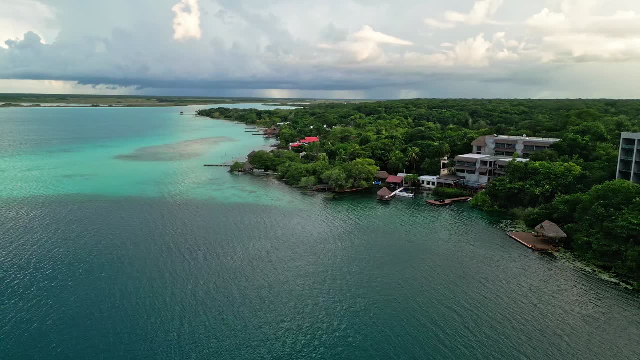 Lakefront Hotel Accommodations At Bacalar Lagoon In Quintana Roo, Mexico. Aerial Drone Shot