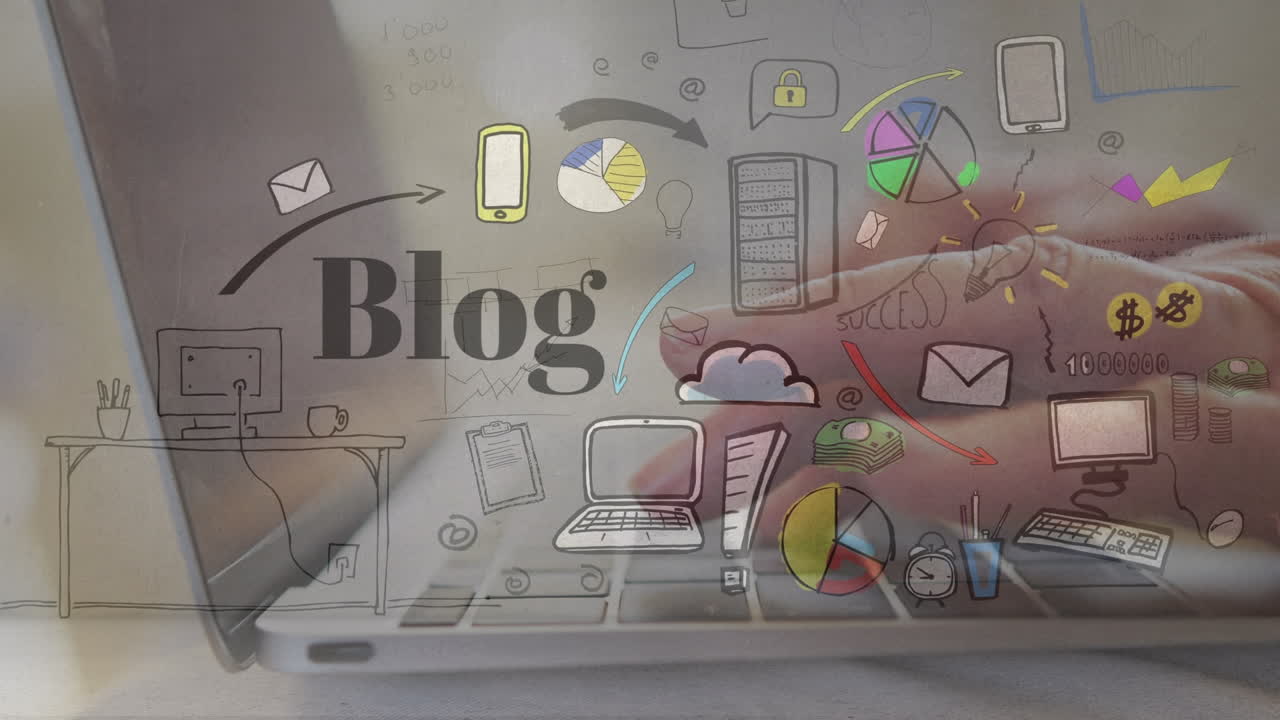 animación de blogs y dibujos tecnológicos sobre las manos de un hombre caucásico usando una computadora portátil