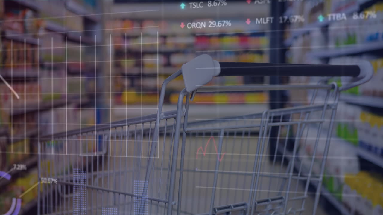 슈퍼 스토어에서 쇼핑 카트 위에 그래프, 거래 보드 및 로딩 서클의 애니메이션