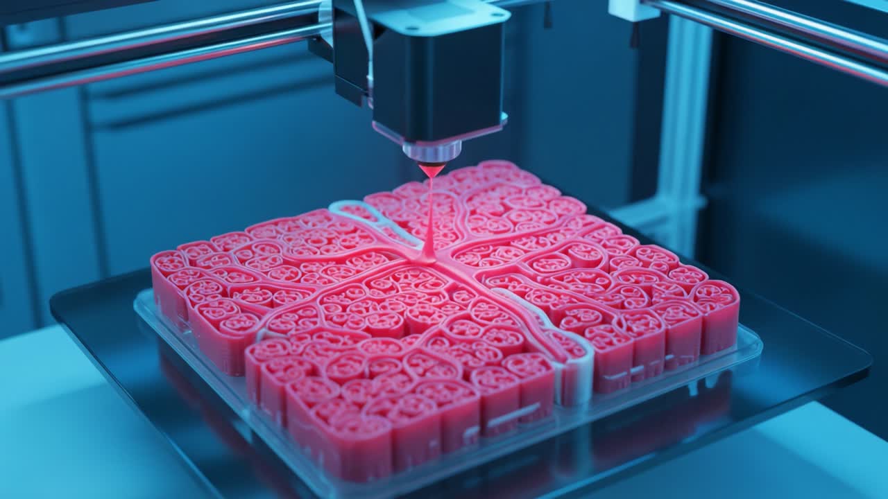 A Glimpse into Innovative 3D Printing: High-Precision Technology Creating Intricate Shapes with Vivid Red Material in a High-Tech Environment