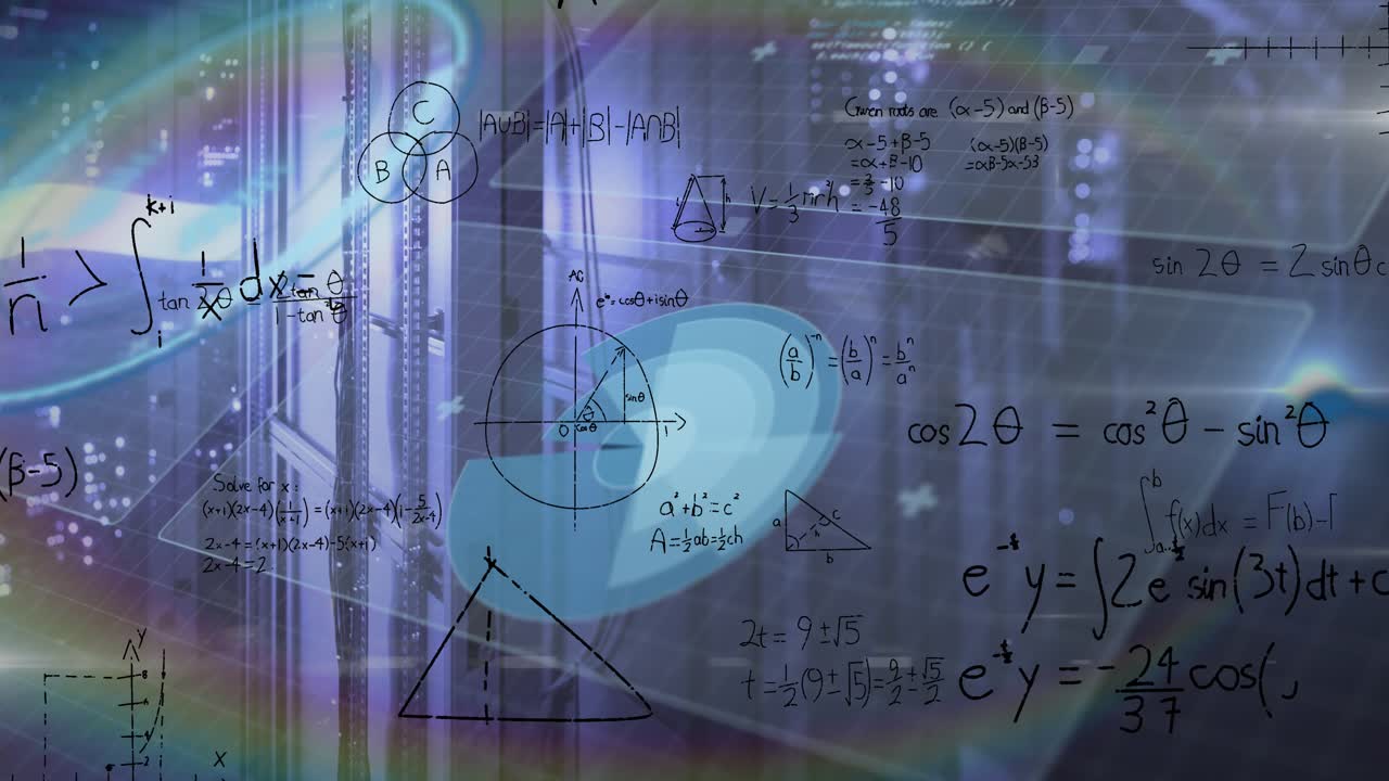 Animation of mathematical equations and data processing over rainbow lens flare against server room
