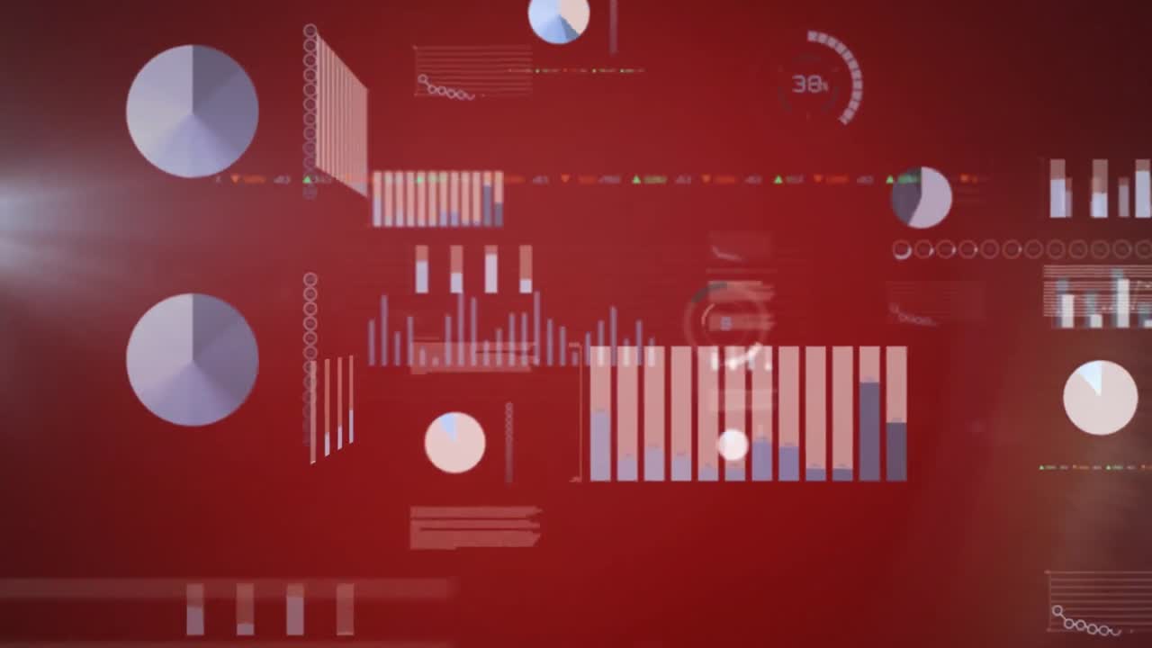 Animation of financial data processing over red background