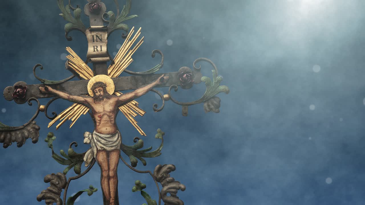 Ancient cemetery cross surrounded by swirling mist with atmospheric movement and ethereal lighting - ornate metal crucifix, baroque craftsmanship, divine illumination