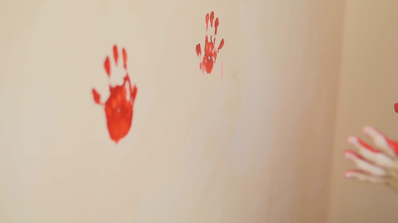 un niño lindo y feliz se está divirtiendo dejando sus huellas rojas en la pared. joven familia feliz. concepto de madre e hijo