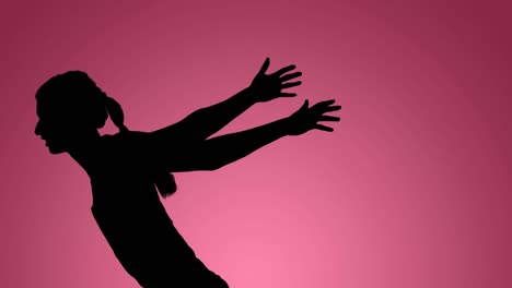 Animation-of-silhouette-of-female-runner-finishing-race-on-pink-background