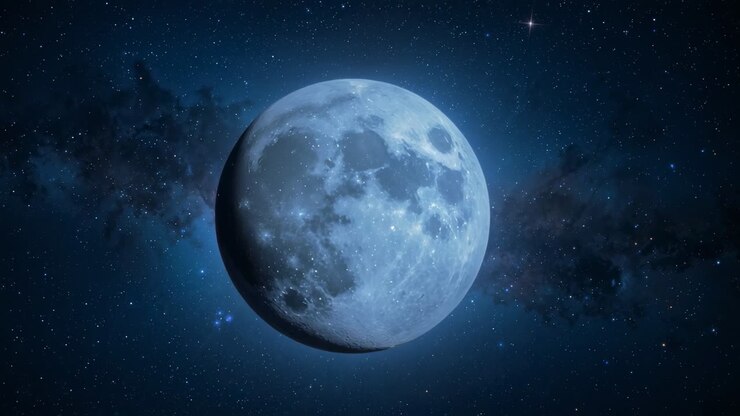 Reprodução começando com lua cheia permanecendo centralizada contra um espaço azul profundo, com estrelas e faixa de poeira nebular