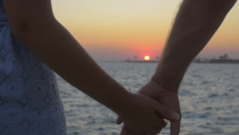 Pareja-Joven-Tomados-De-La-Mano-Al-Atardecer