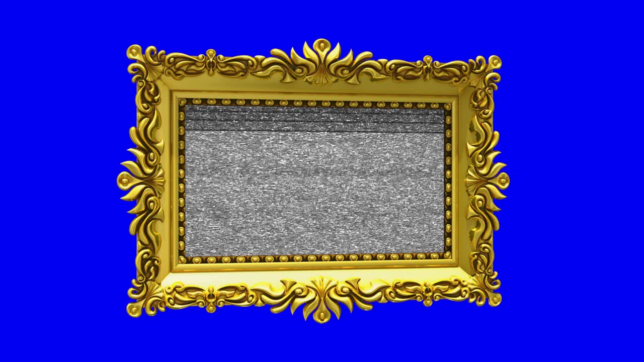 Luxury gold picture frame rotates on blue background, chroma key. Intro with tv noise and green screen, 3d animation.