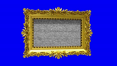 marco de imagen de oro de lujo gira sobre fondo azul, clave de croma. intro con ruido de televisión y pantalla verde, animación 3d.