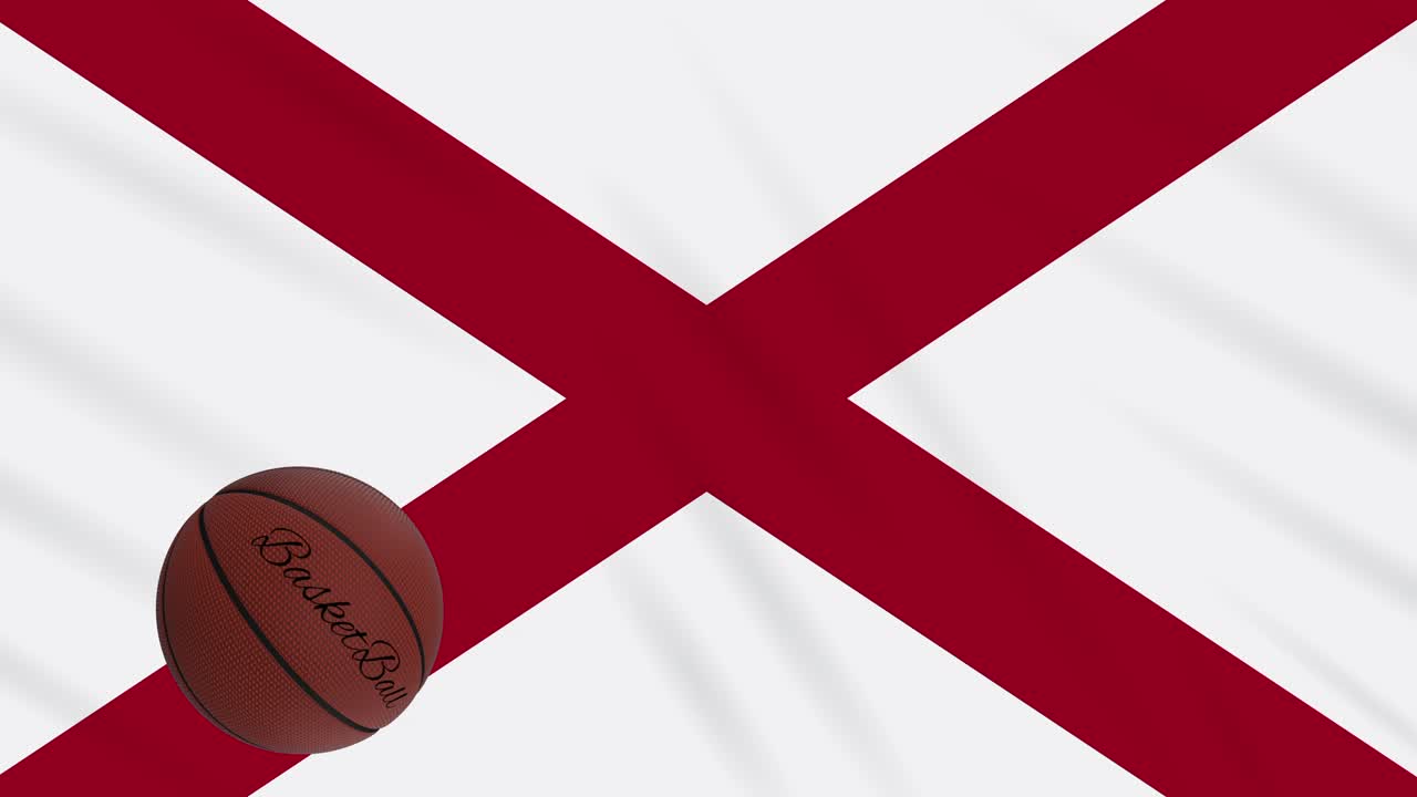 la bandera de alabama agitando y la pelota de baloncesto girando, bucle