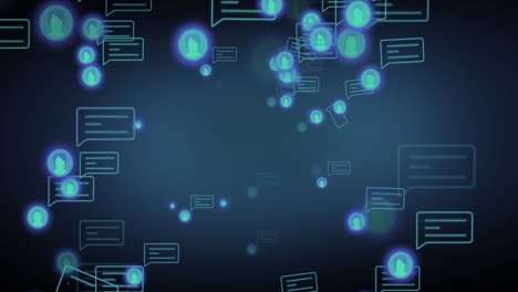 animación de iconos de redes sociales y burbujas de habla sobre fondo azul