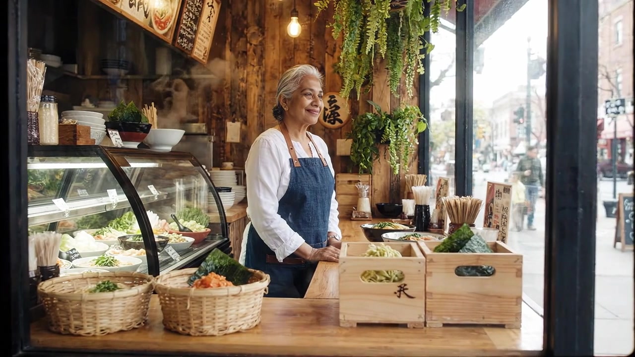 An Experienced Chef Prepares Fresh Ingredients in a Cozy Deli, Showcasing Vibrant Vegetables and a Welcoming Atmosphere for Hungry Customers