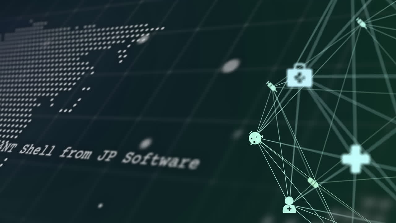 Animation of data processing with world map and network of connections over black background