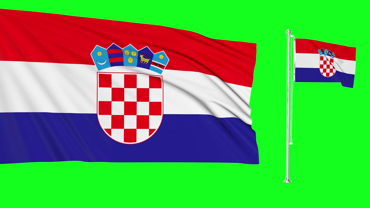 크로아티아의 두 발이 바람에 흔들리는 초록색 스크린 하이퍼 리얼리즘 루프, 크로아시아의 발 기둥이 매우 상세한 직물 텍스처 애니메이션 4k 3d 크로마 키로 날아다니고 있습니다.