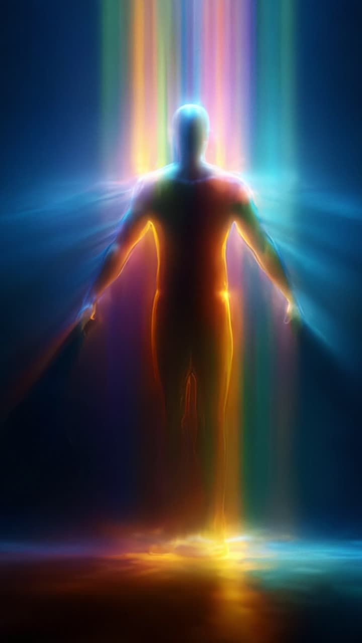 Una figura radiosa si erge al centro di una luce vibrante, incarnando una fusione di colori ed energia, e rappresenta un viaggio di trasformazione e illuminazione.
