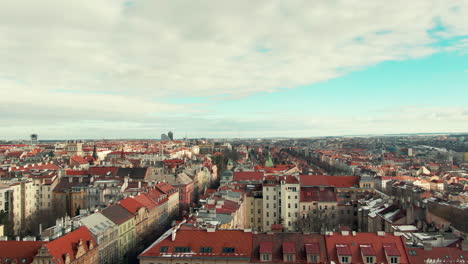 prague fly over houses winter sky clouds drone