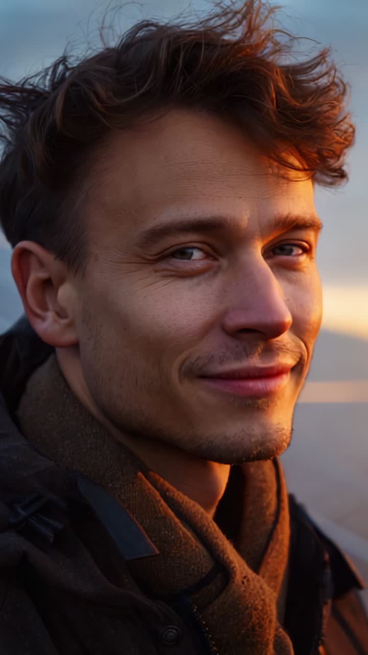 Fascinerende portrett av en smilende person med vindblåst hår, som utstråler sjarm og varme i en utendørs setting med mykt lys, fotografert under den gyldne timen