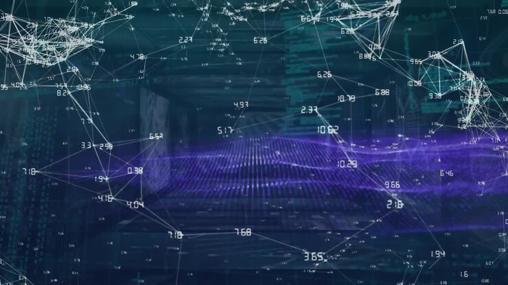 Animation of network of connections over dna strand and data processing on black background