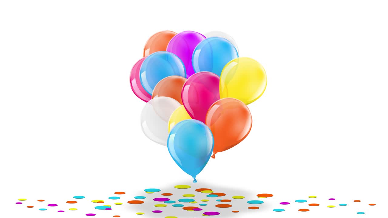 A seamlessly looping 3D animation CGI render of vibrant party balloons rising with confetti scattering beneath. Ideal video footage for celebrations, birthdays, promotions, and backgrounds
