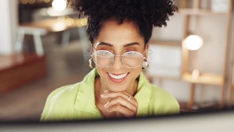 Face,-happy-woman-and-glasses-on-computer-in-night