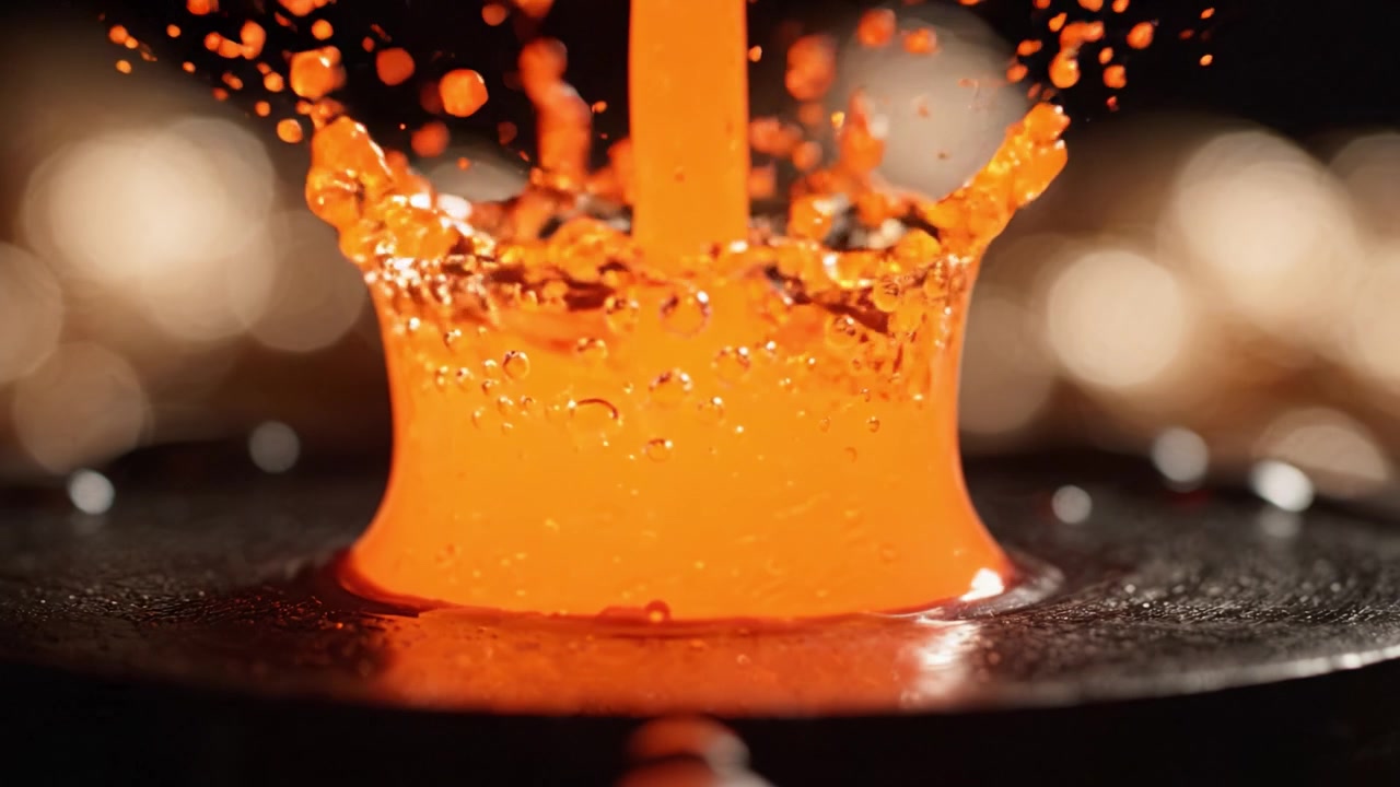 Affascinante colata di metallo fuso, che rivela liquido arancione fluente che forma forme intricate, evidenziando la bellezza dell'artigianato e il processo di creazione in un primo piano ipnotizzante