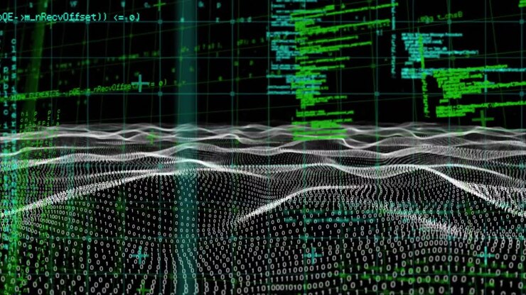 Animation of science data processing on dark background