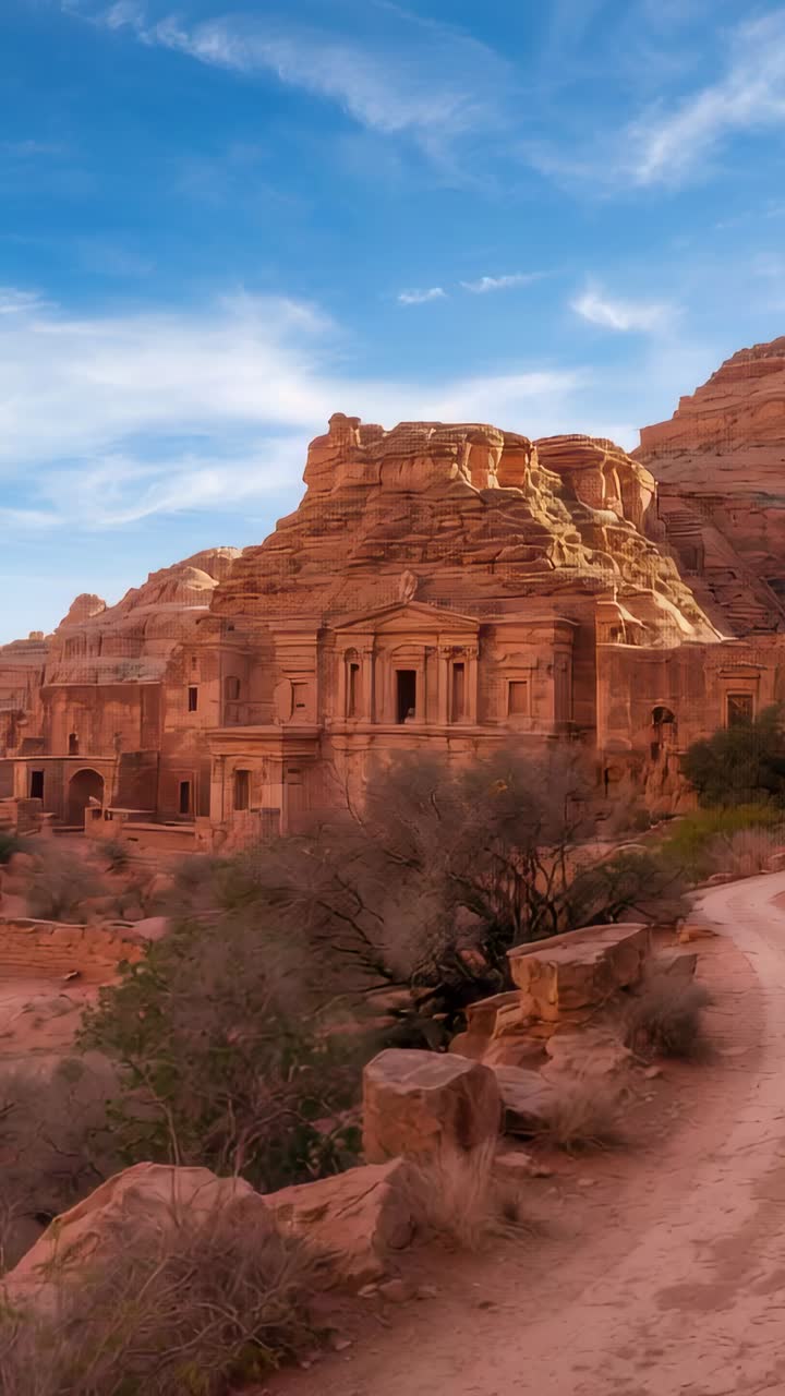 Vertical video: Panning camera revealing rock-cut facade in arid canyon to reveal winding trail