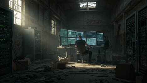 overseeing the operations of a complex server room located within the confines of an abandoned industrial building during the late-night hours
