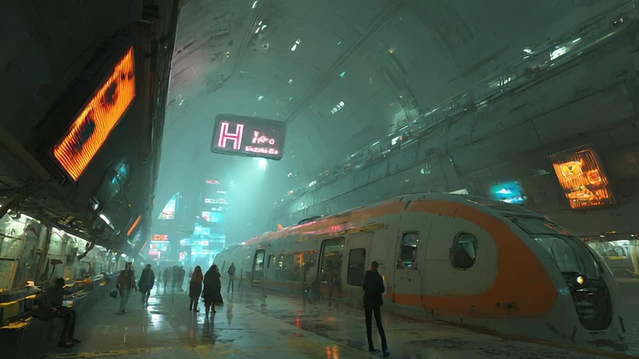 Vivid train station with neon lights and passengers during nighttime