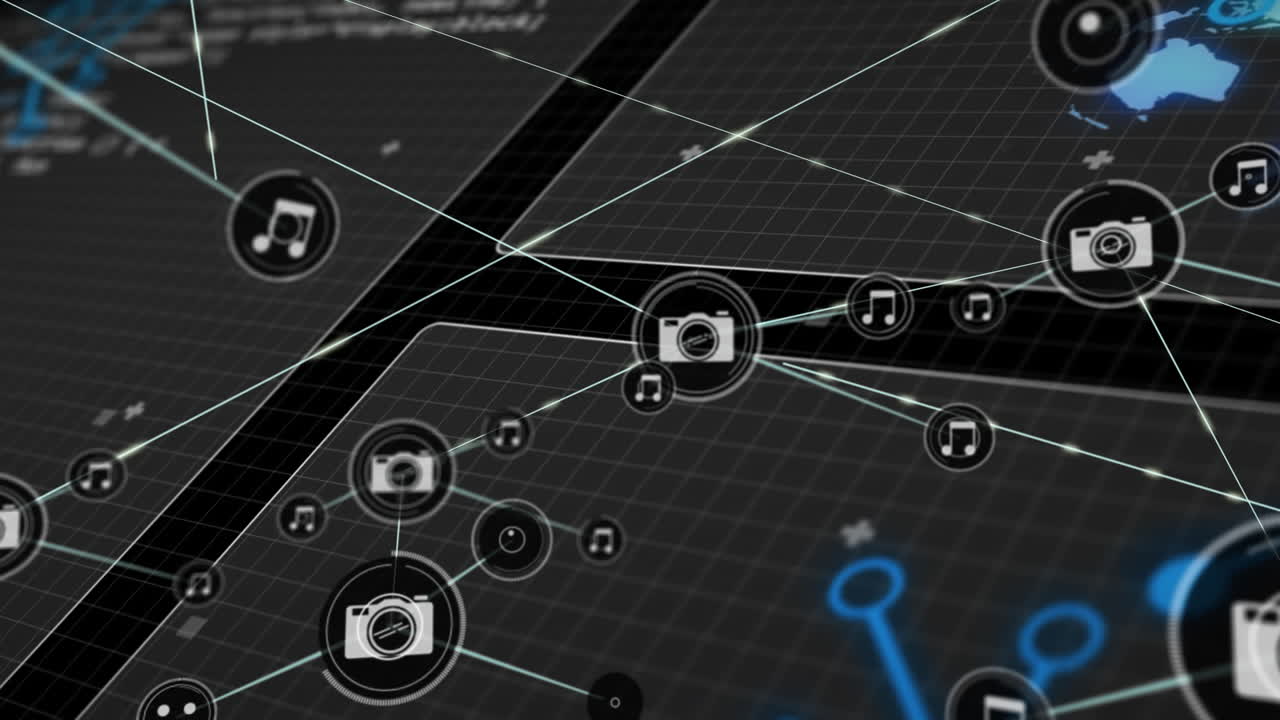 animación de la red de conexiones con iconos sobre el procesamiento de datos