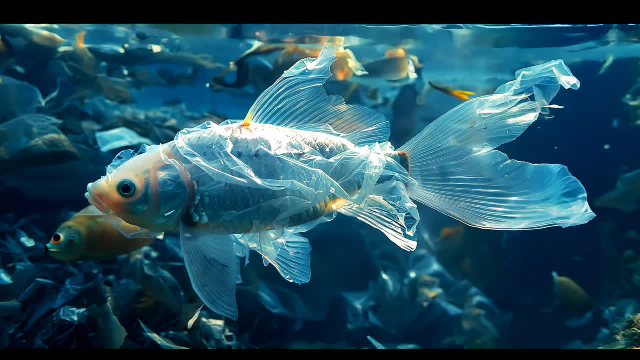 A fish is swimming in a body of water with plastic bags floating around it