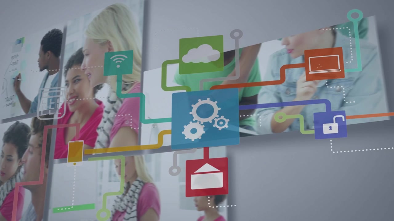 Animation of media icons and diverse business people in office