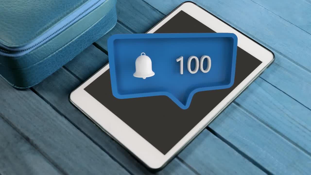 숫자를 가진 알림 아이콘과 소셜 미디어를 위한 태블릿