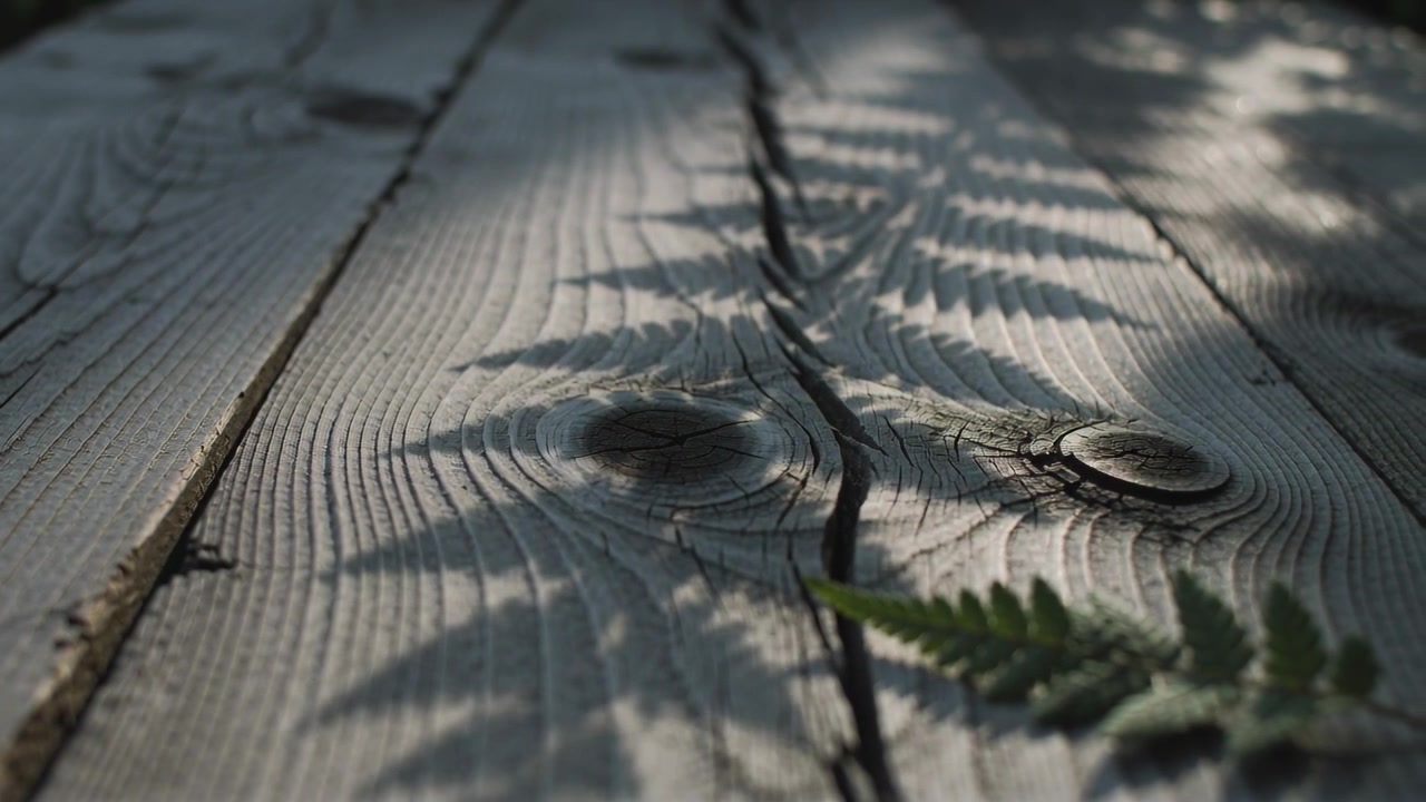 Featuring plank, knot, crack on deck as light breeze moving foliage, fern frond and shadow shifting