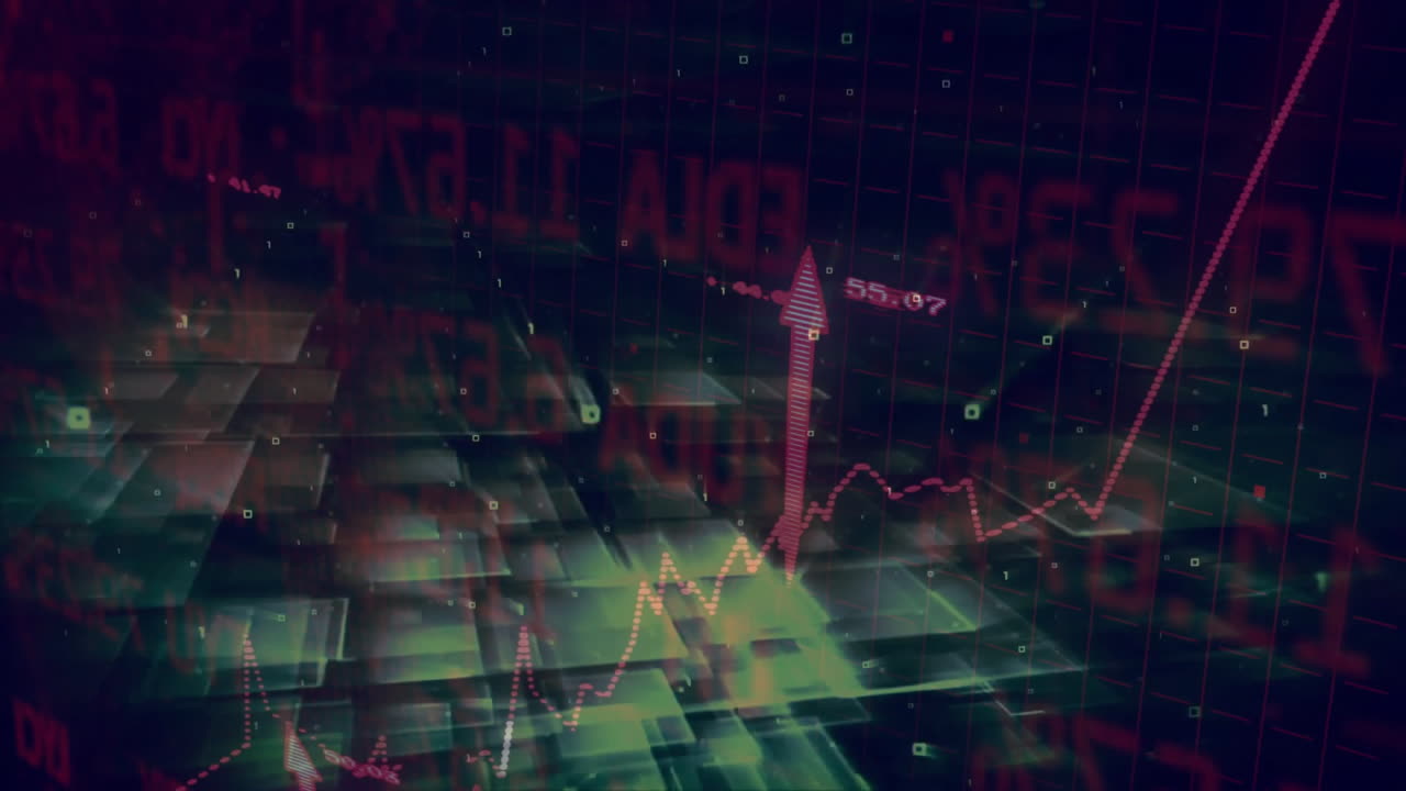 Solid red arrow rising in virtual data grid, showing floating green squares and numeric nodes