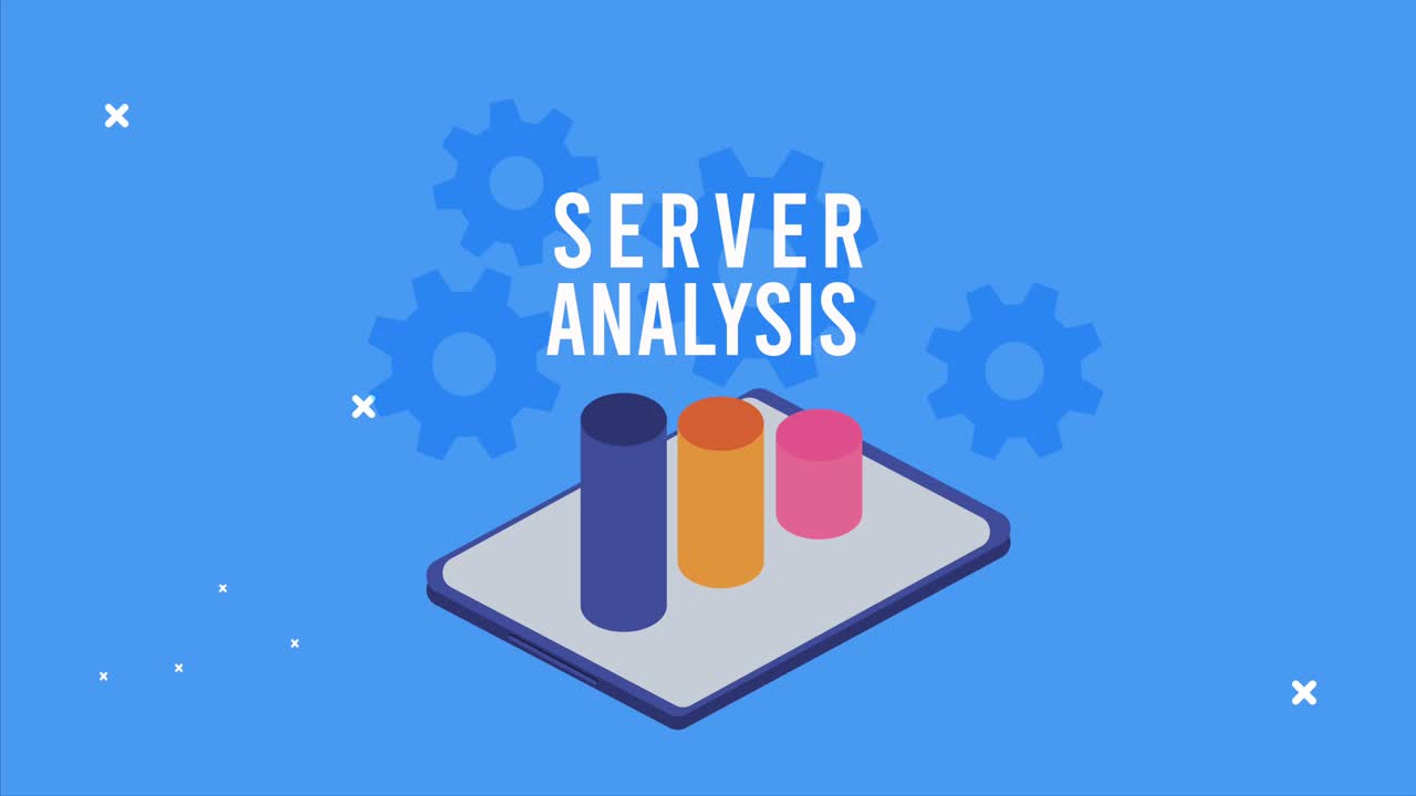 data server analysis animation with tablet and statistics bars