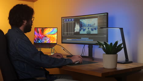 editor de cine ocupado trabajando en un proyecto de medios en un acogedor escritorio de estudio en casa