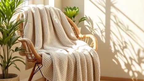 cozy chair adorned with a soft blanket, surrounded by lush greenery and warm sunlight, creating a serene and inviting atmosphere in a tranquil indoor setting