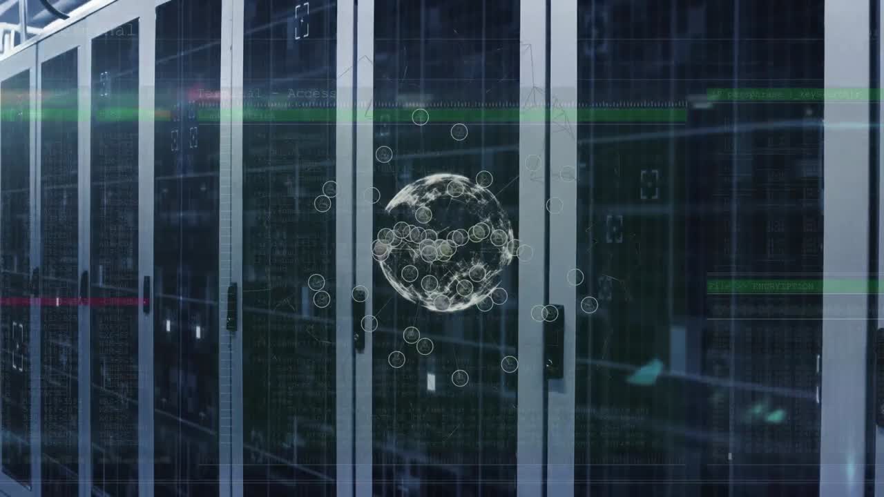 Animation of globe and data processing over server room