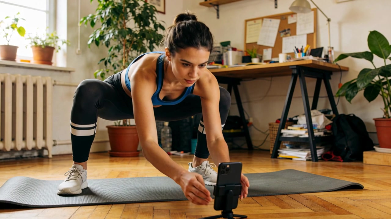Donna in abbigliamento da palestra che si sistema e prepara la telecamera, toccando il telefono su un treppiede e afferrando un asciugamano rosa sul tappetino di casa