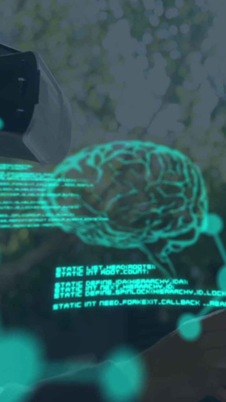 Animation of human brains spinning and data processing over businessman wearing vr headset