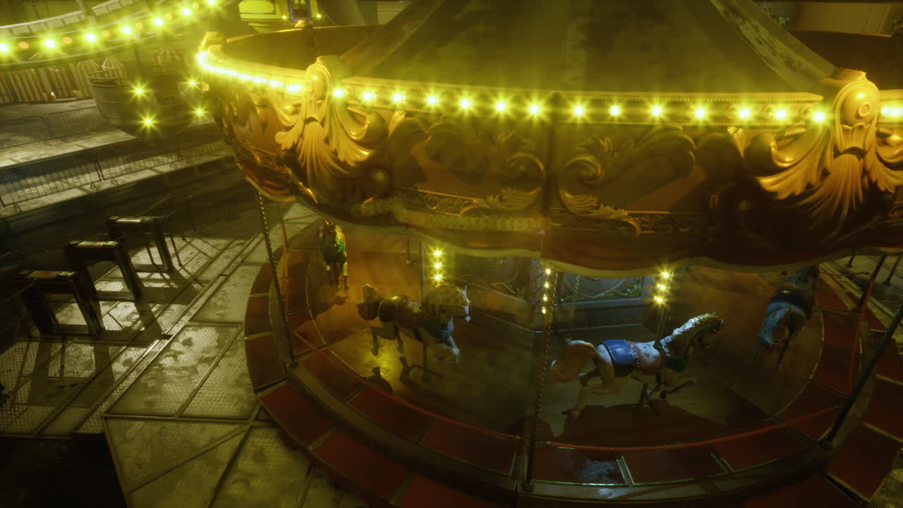 Desolate amusement park illuminated by amber glow and silent shadows