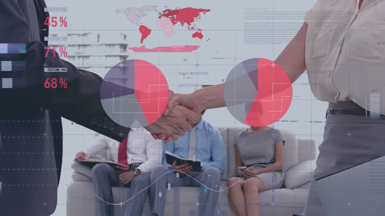 Animasi pemrosesan data keuangan di atas para pebisnis beragam yang bersalaman di kantor