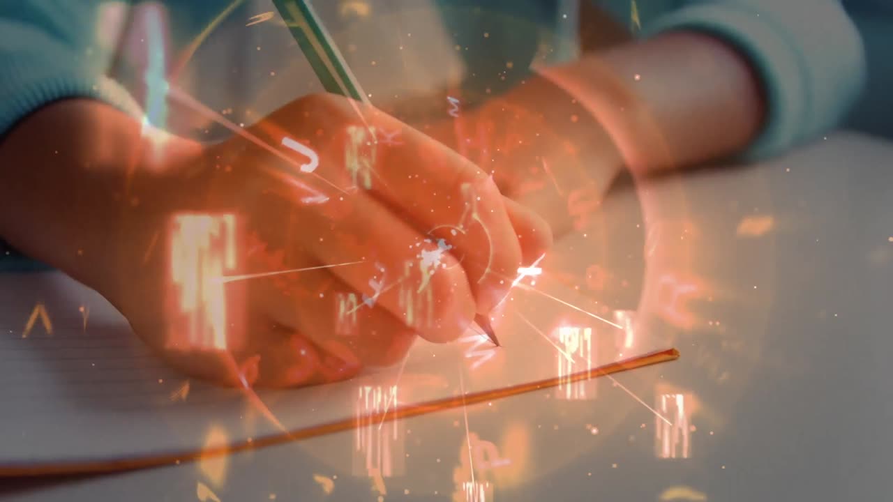 학교에서 글을 쓰는 백인 어린이의 손을 통해 편지와 다양한 데이터의 애니메이션