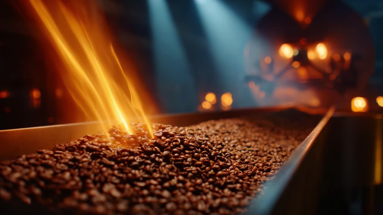 Roasting Coffee Beans: A Visual Journey Through the Steaming Process of Freshly Roasted Coffee in an Industrial Setting with Dramatic Lighting Effects