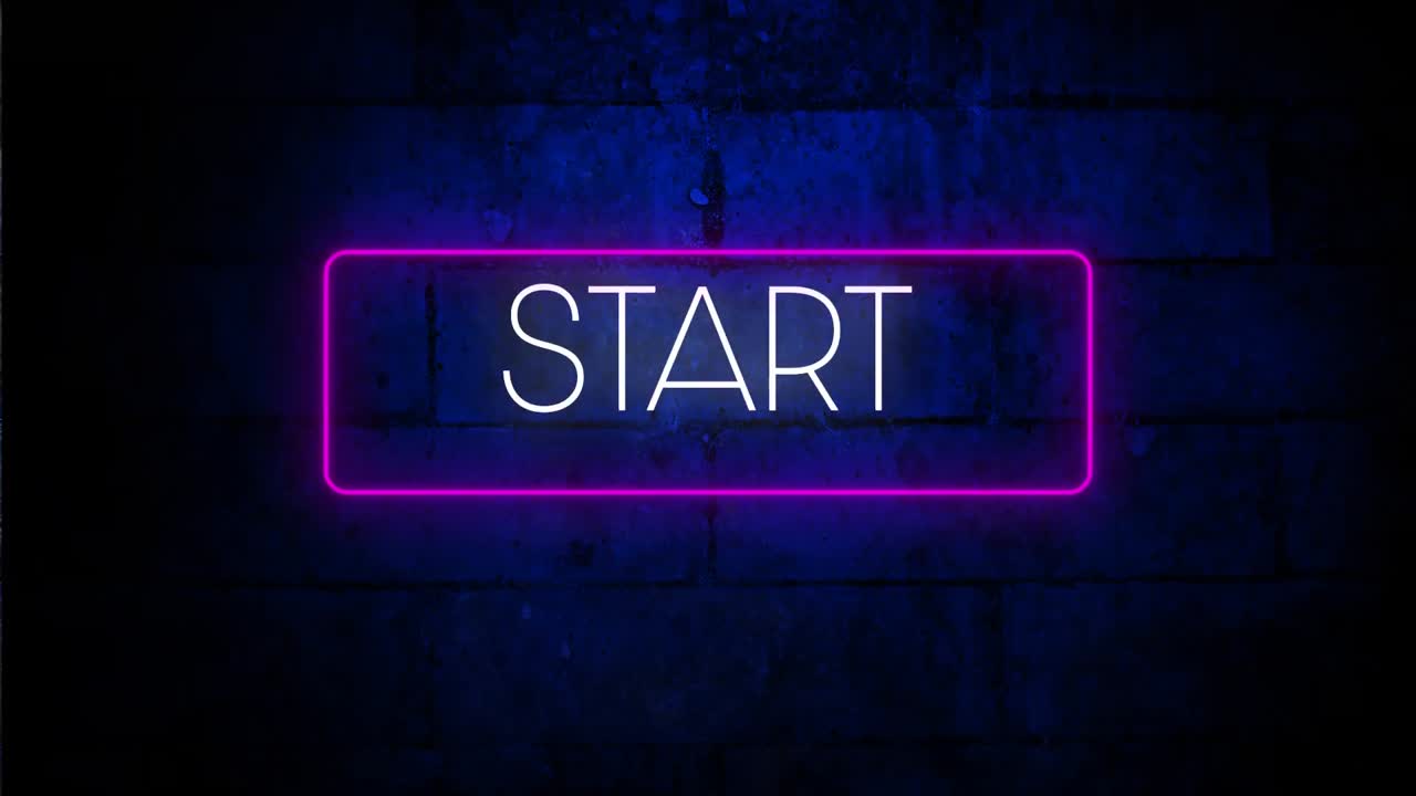 Digital animation of start text in neon rectangle frame against blue brick wall in background